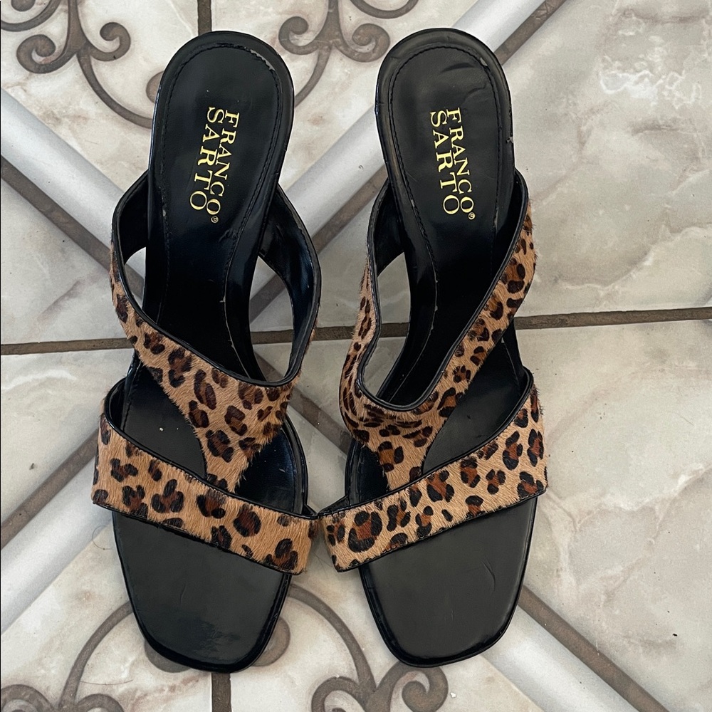 Franco Sarto Leopard Print Slip-On Mules with Black Footbed